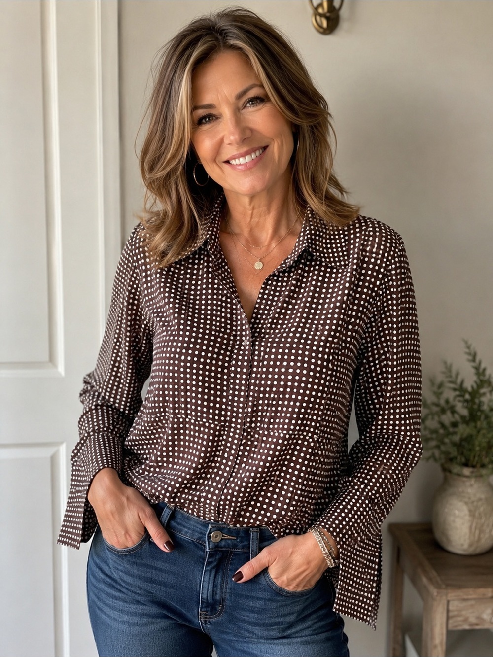 Cato Brown Polka Dot Button-Up Shirt - Women